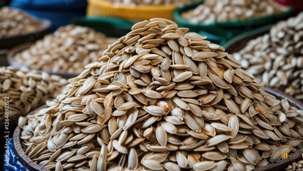 Aufkleber close-up of a large pile of pumpkin seeds in a market setting with various seed types in the backgro