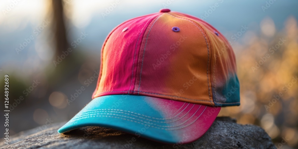 Poster colorful cap with a gradient design resting on a rock against a blurred natural background with copy