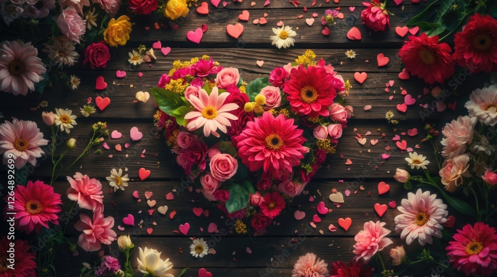 Poster colorful floral heart arrangement surrounded by smaller hearts on a dark wooden background with ampl