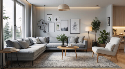 Fototapeta premium Minimalist Scandinavian living room with neutral gray couch sleek lines and natural accents to create a serene and peaceful environment Modern Interior Design Inspiration