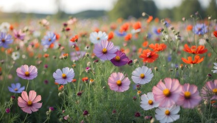 Obraz premium Colorful wildflower field with various blooming flowers including orange, purple, and pink blossoms, natural landscape in sunlight, Copy Space