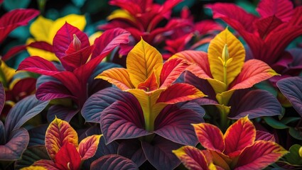 Colorful foliage of coleus plants with varying shades of red, yellow, and green, showing detailed leaf texture, suitable for botanical illustrations. Copy Space