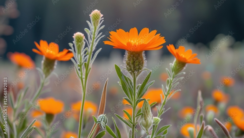 Poster Orange wildflowers in a natural setting with soft bokeh background for copy space and vibrant colors of nature.