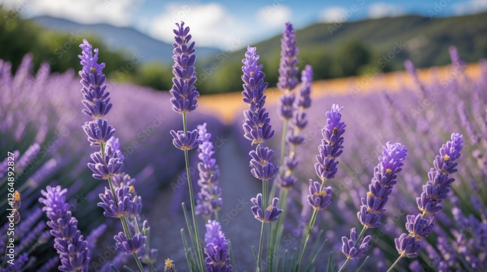 Aufkleber lavender flowers in a field with blurred background and blue sky visible copy space