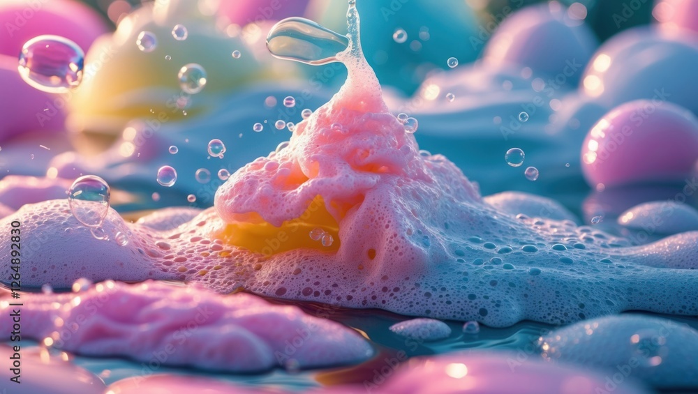 Poster Colorful foam and bubbles in water with pink and yellow hues, creating an abstract background with Copy Space.