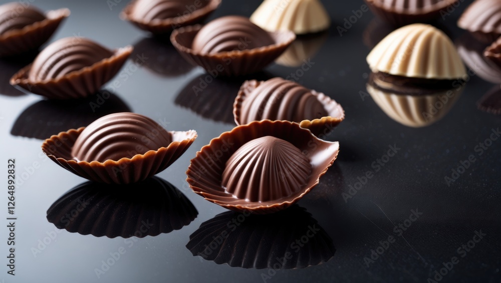 Poster assorted chocolate pralines in decorative shell shapes on reflective surface with copy space for tex