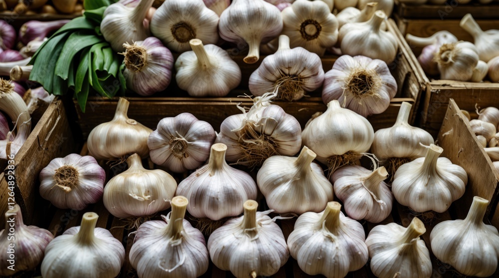 Poster fresh garlic bulbs displayed in wooden crates at a market, showcasing various sizes and textures, wi
