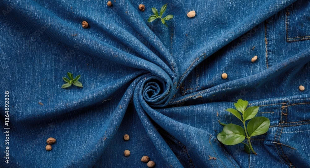 Poster denim fabric background with green leaves and seeds arranged in a spiral pattern suitable for textil