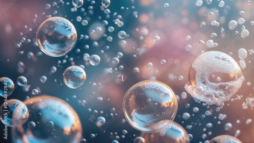 Poster colorful soap bubbles against a blurred background with light reflections and soft focus copy space