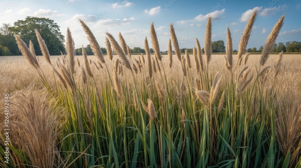 Aufkleber pampas grass in foreground with golden wheat field and blue sky in background during sunny day copy 