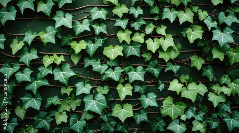 Poster green ivy leaves covering a wall in a dense pattern natural background with copy space for text plac
