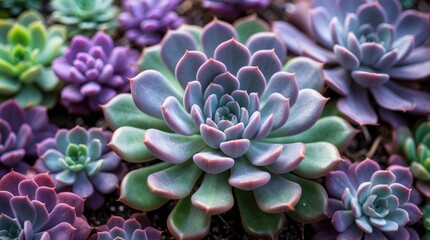 Colorful assortment of succulents with varying shapes and shades of green and purple on dark soil, featuring Copy Space for text placement