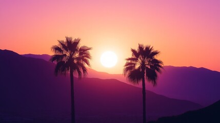 Obraz premium Tropical sunset panorama, elegant palm tree outlines, purple mountain shadows, radiant sun orb, gradient evening light, rolling hillside silhouettes, palm dotted landscape, atmospheric sunset design,