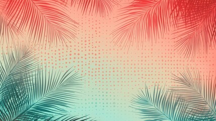 Obraz premium Tropical palm leaf pattern, pastel gradient background, coral to turquoise fade, minimalist palm silhouettes, dotted texture overlay, soft color transition, modern design aesthetic, botanical