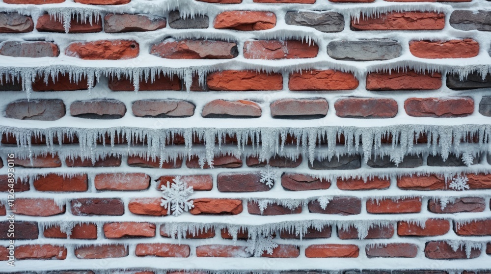 Poster frozen brick wall with ice formations snowflakes and frost hanging from red and gray bricks textured