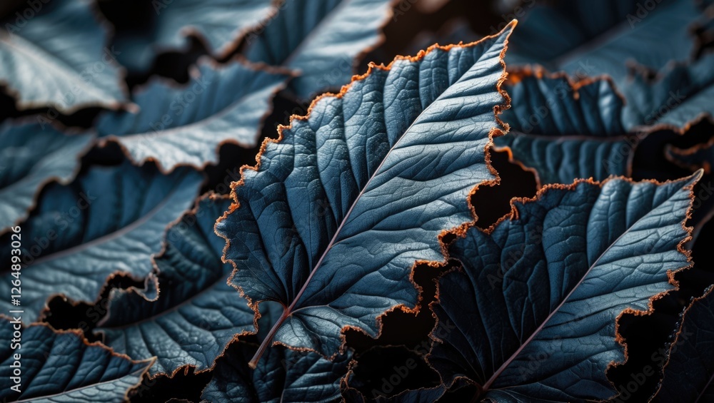 Poster Dark textured leaves with intricate details and illuminated edges in a close-up composition suitable for natural backgrounds Copy Space