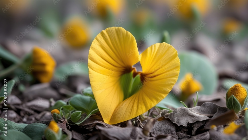Poster heart-shaped yellow flower amidst green foliage with soft blurred background and copy space for text