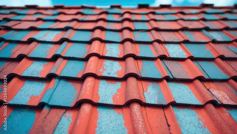 Poster Close-up of weathered red and blue ceramic roof tiles with texture and patterns, suitable for construction and architecture themes