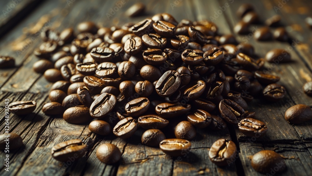 Poster freshly roasted coffee beans on a rustic wooden table with rich textures and deep colors copy space