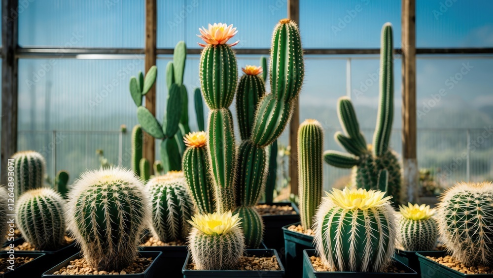 Poster cacti in greenhouse setting with colorful flowers and natural sunlight creating shadows on pots and 