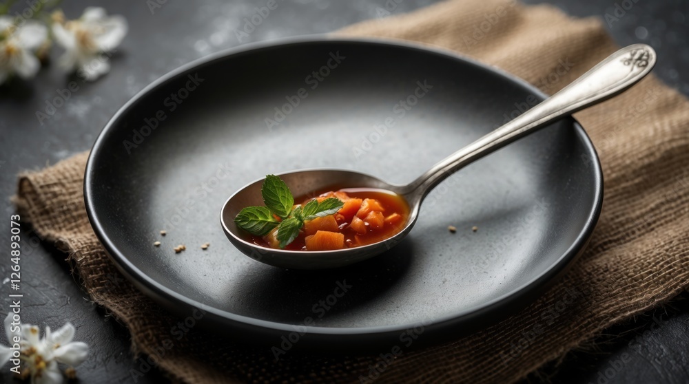 Aufkleber bowl with gourmet soup and fresh herbs served on a black plate with spoon on a rustic table setting 