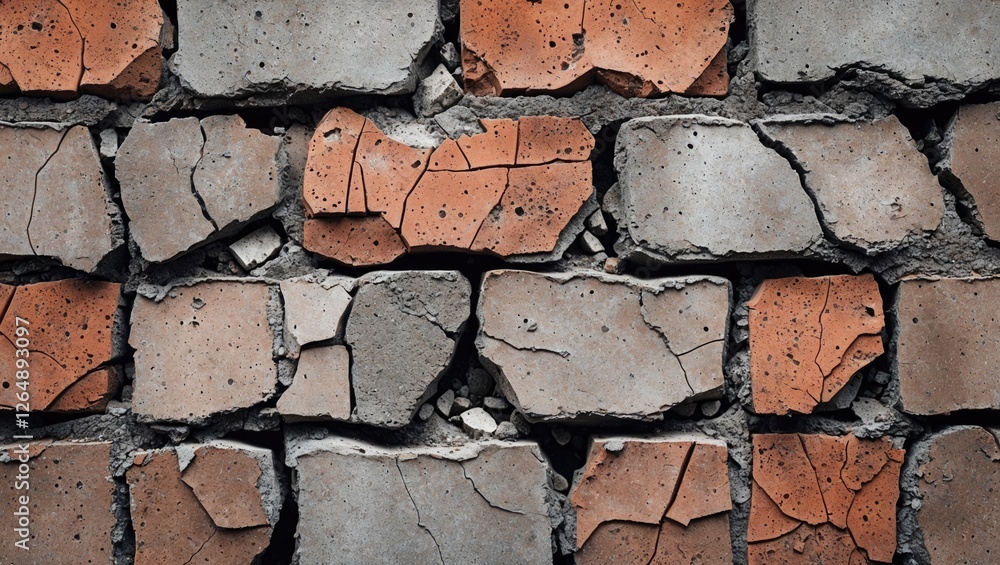 Aufkleber textured wall of cracked bricks showcasing a combination of gray and orange tones with rough surface