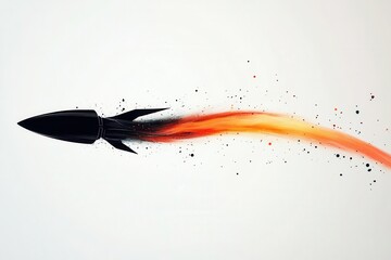 sleek rocket silhouette with dynamic flame trail, minimalist design with geometric elements on clean white background