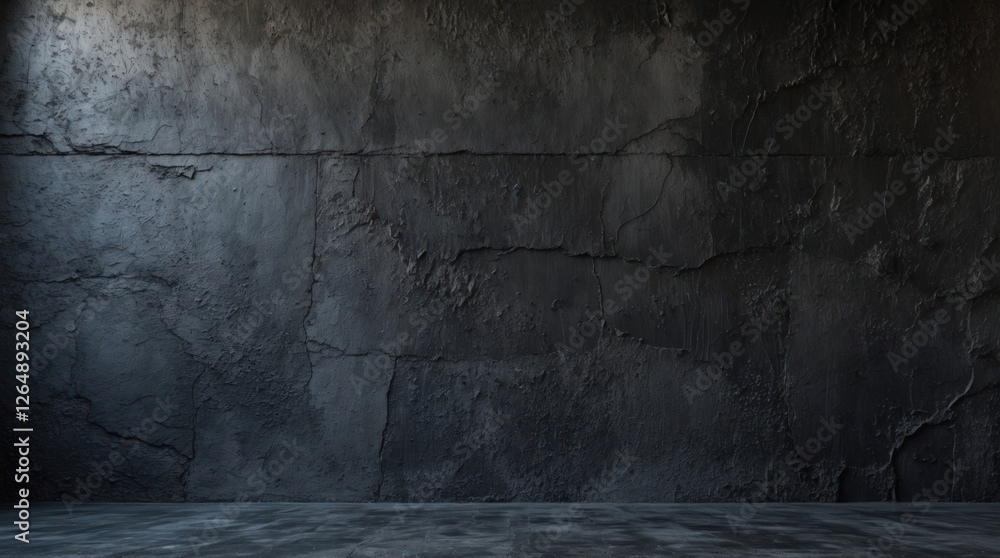 Poster textured dark gray wall with cracked surface and concrete floor suitable for background or display w