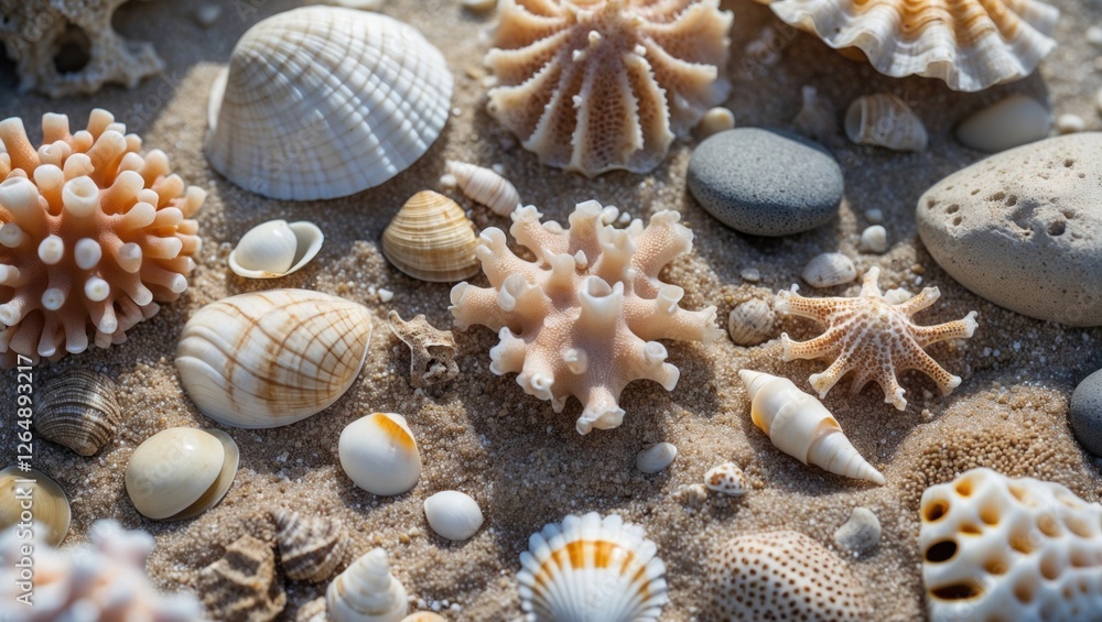 Poster variety of marine seashells on sandy beach surface in natural light with smooth stones and intricate