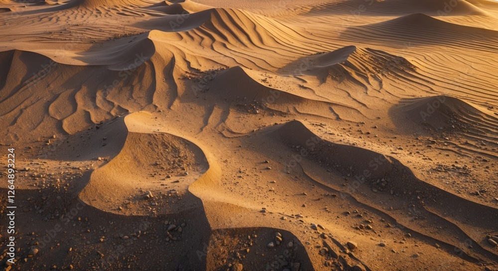 Poster desert landscape with intricate sand patterns and textures during sunset showcasing shadows and warm