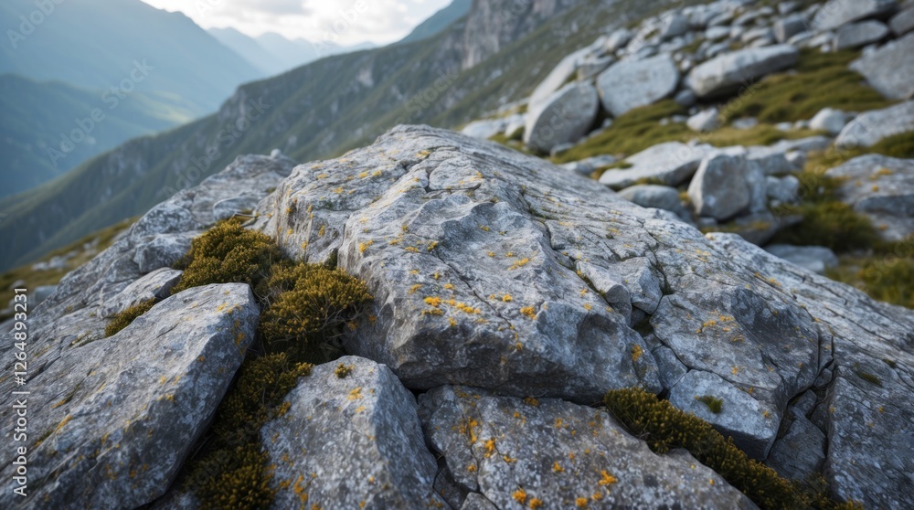 Poster close-up of moss and lichen on rocky surface in mountainous landscape with blurred background of hil