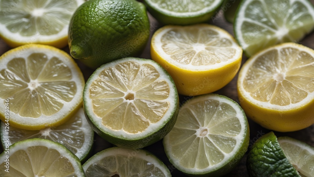 Poster sliced lemons and limes arranged on a surface showing different sections with varying colors and tex