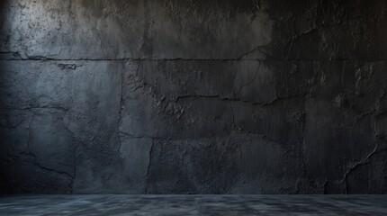 Textured dark gray wall with cracked surface and concrete floor suitable for background or display with ample copy space