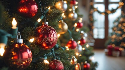 Decorative Christmas tree with colorful ornaments and warm fairy lights in a cozy interior setting with copy space