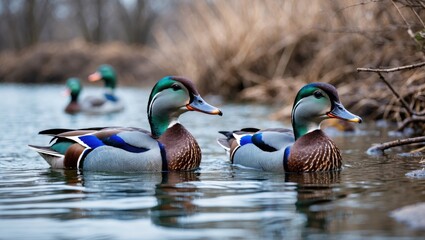 Obraz premium Mandarin ducks swimming in a calm lake water with reflections, surrounded by brown reeds, Copy Space available