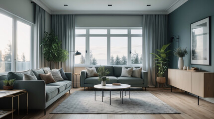 Fototapeta premium Modern minimalist Scandinavian living room design with neutral gray couch and natural elements for a clean inviting atmosphere Modern Interior Design Inspiration