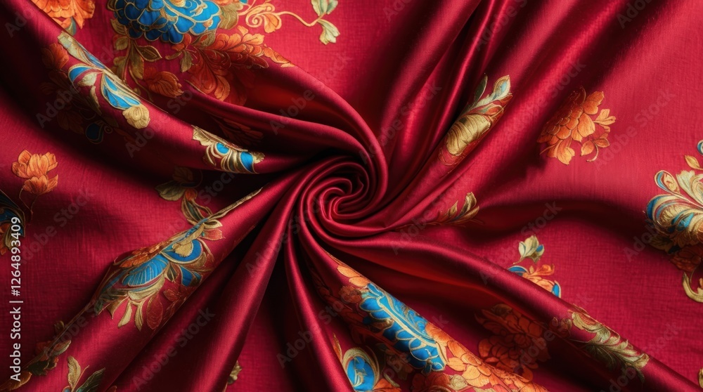 Poster red fabric with intricate floral patterns in blue and orange hues, displaying rich texture and vivid