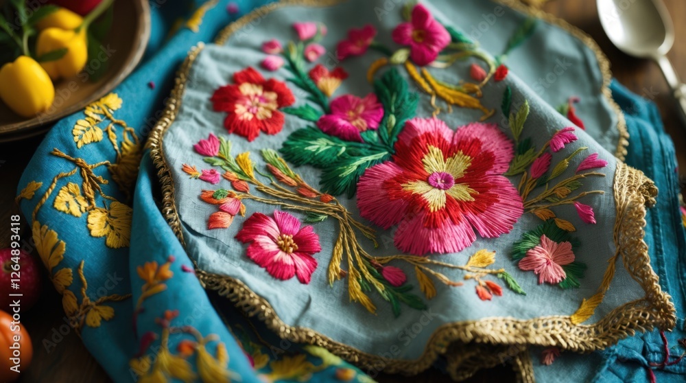 Poster colorful floral embroidery on blue fabric with decorative borders and surrounding fruits and vegetab