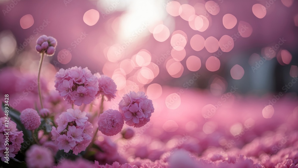 Aufkleber Pink flowering plants with bokeh background effect and soft lighting in spring season garden with copy space for text.