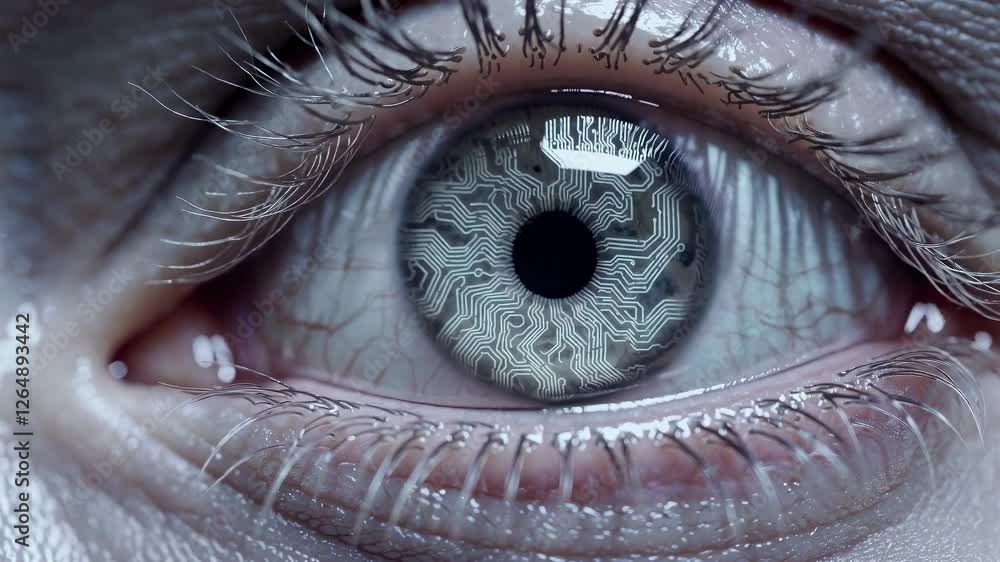 Poster futuristic eye with digital circuitry design showcases advanced technological concepts in a close-up
