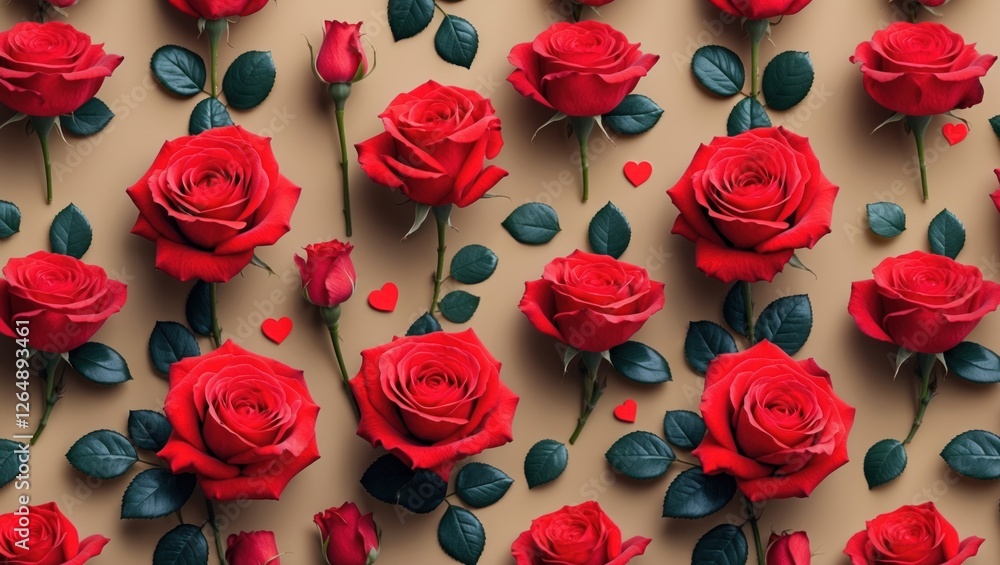 Poster Red roses arranged vertically on a textured background with green leaves and small red hearts, creating a floral pattern with copy space.