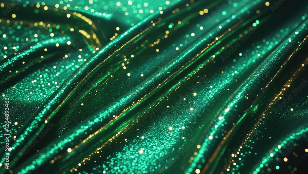 Poster Shimmering green fabric with sparkles and folds, creating a textured surface with glimmering dots, ideal for backgrounds, Copy Space.