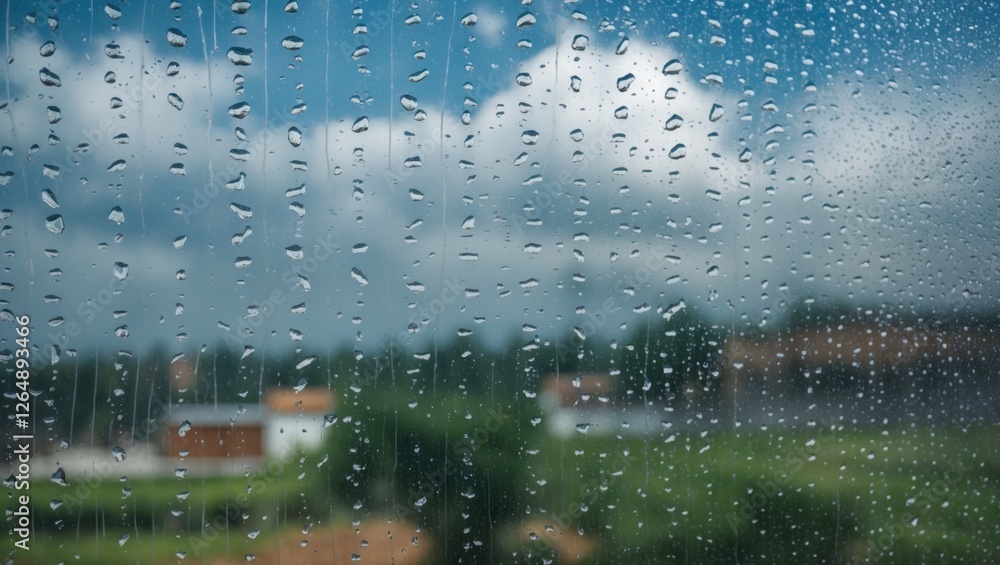 Poster raindrops on window glass with blurred landscape and cloudy sky in background copy space