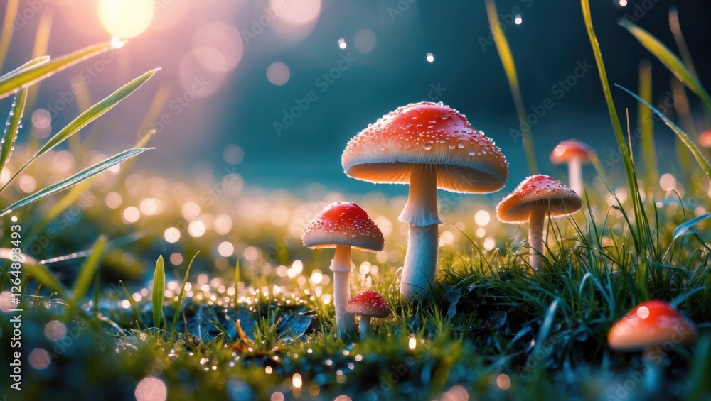 Poster Colorful mushrooms with red caps and white stems surrounded by dewy grass in a serene forest setting with bokeh lights Copy Space