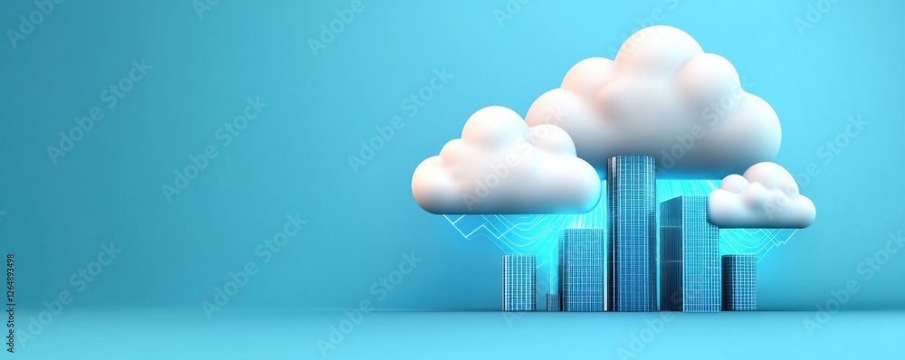 Poster Modern Cityscape with Clouds and Abstract Digital Elements Representing Technology and Connectivity