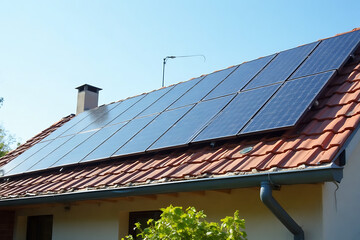 A solar panel is on a roof. The sun is setting in the background. The sky is a mix of blue and orange