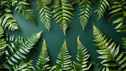Green Fern Leaves Flat Lay Arrangement on Dark Background with Copy Space