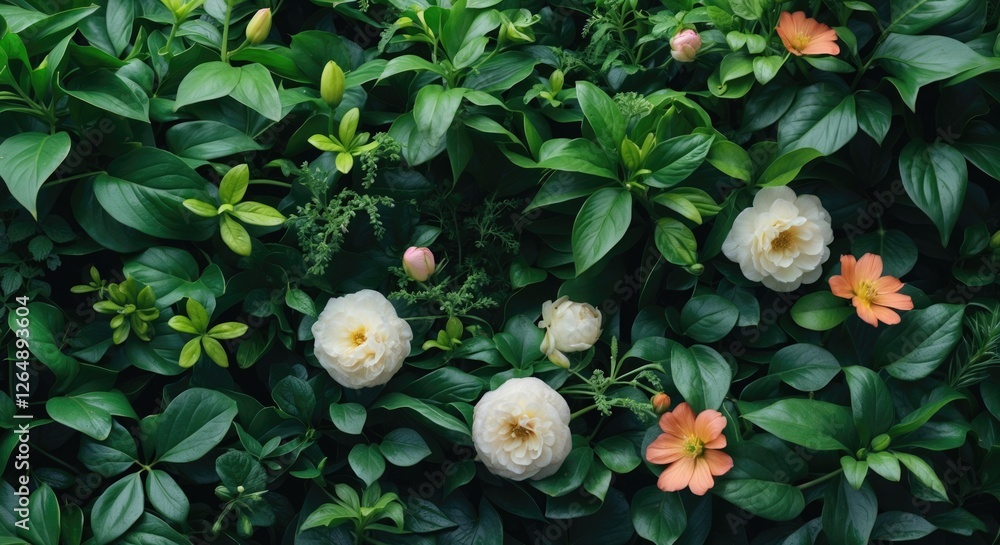 Poster lush greenery with white and orange flowers in a natural setting suitable for botanical backgrounds 