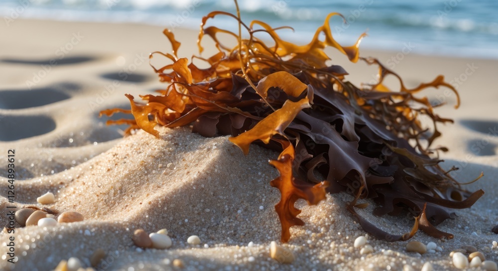 Poster brown seaweed on sandy beach with small seashells and gentle ocean waves in the background copy spac