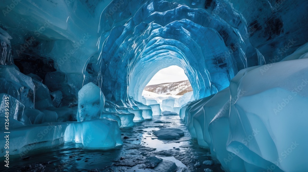 Poster ice cave with blue ice formations and reflective water surface in a glacial environment with copy sp